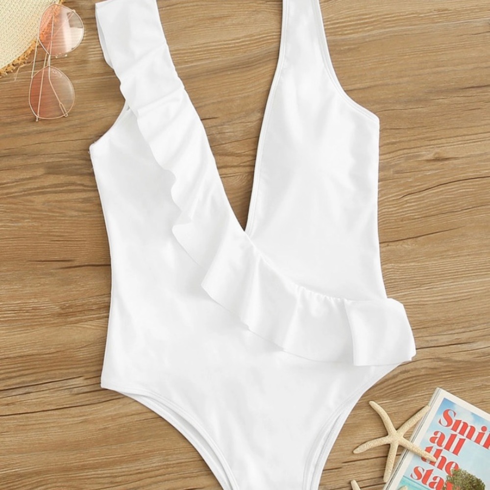 V Neck White One Piece Bathing Suit